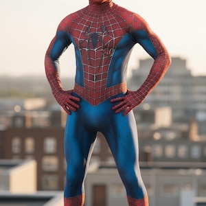 Puede incluir: Un disfraz de superhéroe de cuerpo completo con un esquema de colores rojo y azul y un emblema de araña negro en el pecho. El traje está cubierto con un patrón de telaraña negro detallado en las secciones rojas, incluyendo la máscara.