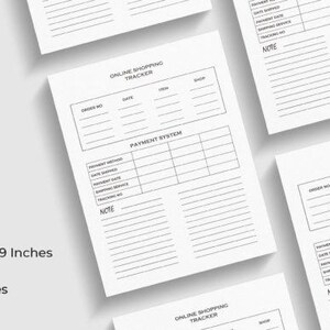 May include: A white printable online shopping tracker template with black text. The layout includes sections for order number, date, item, shop, payment system, payment method, date shipped, payment date, shipping service, tracking number, and notes.