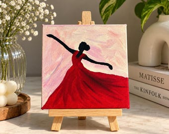 Original Red Dress Dancer Painting, Mini 4x4 Inch Canvas Art, Handmade Figurative Wall Decor