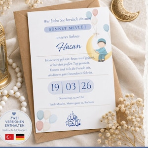 May include: A Sünnet Mevlüt invitation card featuring a blue and cream color palette with a graphic of a child sitting on a crescent moon, balloons, and Arabic calligraphy. The text includes the name Hasan and the date 19 03 26, presented on a brown envelope.