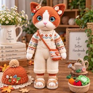 May include: A knitted cat doll with orange and white fur, large blue eyes, and floral-patterned ears. The doll wears a cream-coloured sweater with a floral design, cream overalls, and a small crossbody bag. It is accompanied by a matching orange hat.