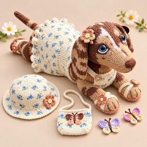 Peut inclure: Un jouet teckel tricoté marron et blanc portant une robe crème à motifs floraux bleus, un chapeau assorti et des sandales. L'ensemble comprend un petit sac à main crème avec un motif papillon et deux appliques papillons tricotées séparées.