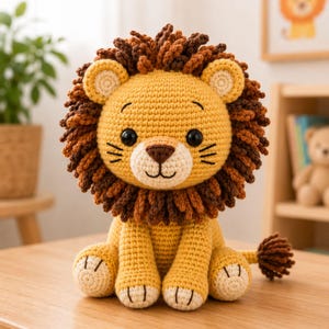 May include: A crocheted lion stuffed animal featuring a golden yellow body, a cream-colored muzzle, and a thick, textured mane made of dark brown and light brown yarn. The lion has black plastic eyes, a brown stitched nose, and a long tail.