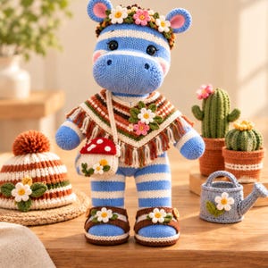 May include: A blue and white striped crochet hippo doll wearing a flower crown, a fringed poncho with floral accents, and brown sandals. The hippo carries a small mushroom-shaped bag and is surrounded by a striped pom-pom hat and two cacti.