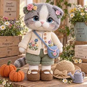 May include: A crocheted cat doll with grey and white fur, wearing a cream-coloured cardigan with floral embroidery, green shorts, and brown shoes. The cat has a blue crossbody bag, a flower crown, and large blue eyes. Two orange pumpkins sit nearby.