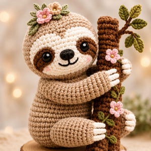 May include: A crocheted sloth toy in light brown yarn with a cream-colored face, black eyes, and a stitched nose. The sloth holds a dark brown crocheted tree branch adorned with small green leaves and pink flowers with gold centers.