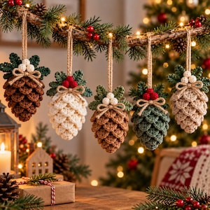 May include: Five crocheted pinecone ornaments hanging from a branch. Each ornament features a textured pinecone body, green crocheted leaves, a small jute twine bow, and three small berries in either white or red. Each hangs by a jute string.