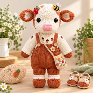 Pode incluir: Uma pelúcia de vaca em crochê com cabeça branca, olhos pretos e focinho rosa. Veste um suéter creme com padrões de bolotas, jardineiras cor de ferrugem e uma bolsa transversal a condizer com bordados florais. Inclui uma boina e dois sapatos.