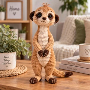 May include: A crocheted meerkat figurine featuring a light tan body with a cream-coloured chest and belly. The creature has dark brown ears, paws, and tail tip, with large black safety eyes, a small brown nose, and embroidered white whiskers.