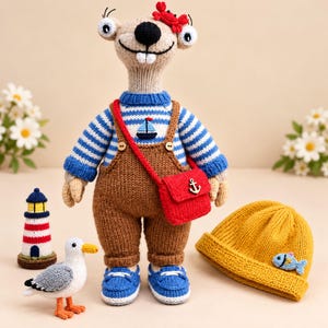 Peut inclure: Un jouet paresseux tricoté beige portant un pull rayé bleu et blanc, une salopette marron et des chaussures bleues. Il porte un sac bandoulière rouge avec une ancre et un crabe rouge sur la tête. Un phare, une mouette et un bonnet jaune tricotés.