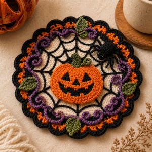 May include: A round, crocheted Halloween coaster featuring a central orange jack-o'-lantern on a white spiderweb background. The border is decorated with black scalloped edges, purple swirling vines, small green leaves, and a small black spider.