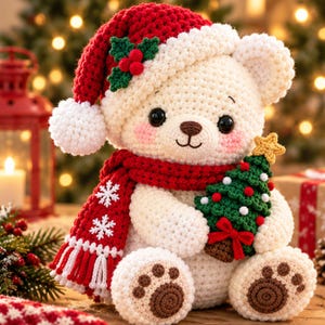 May include: A white crocheted teddy bear wearing a red Santa hat with a white pom-pom and a red scarf featuring white snowflake patterns. The bear holds a small green crocheted Christmas tree topped with a yellow star.