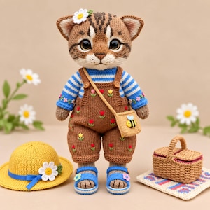 Op de afbeelding: Een gehaakte bruine cyperse katpop met blauw-wit gestreepte lange mouwen, een bruine tuinbroek met kleine bloemenborduursels en blauwe sandalen. De pop heeft een wit madeliefje op het hoofd, een klein beige schoudertasje met een bijtje, een gele zonnehoed en een gevlochten mandje.