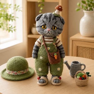 May include: A knitted gray tabby cat doll wearing green overalls with white daisy embroidery, a striped shirt, and a brown crossbody bag with a carrot detail. The doll has a mushroom on its head, wears beige sandals with ladybugs, and is accompanied by a green hat, a gray watering can, and a small basket of vegetables.
