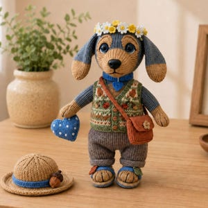 May include: A knitted dachshund doll wearing a floral crown, a patterned vest, and brown trousers. The doll carries a blue heart and a small orange satchel. A separate tan knitted hat with a blue band and an acorn detail sits nearby.