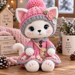 Könnte beinhalten: Eine gehäkelte Katzenpuppe, die eine rosa Strickmütze mit Bommel, ein rosa Kleid mit weißer Blumenstickerei und eine kleine beige Umhängetasche trägt. Die Katze hat große blaue Augen, rosa Wangen und weißes Fell sowie zwei schwarze Knöpfe.