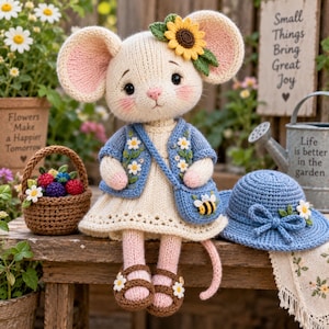 Knitted Mouse Pattern PDF, Garden Mouse Knitting Pattern, Mouse Doll Pattern, Floral Cardigan, Amigurumi Animal Pattern, Digital Download