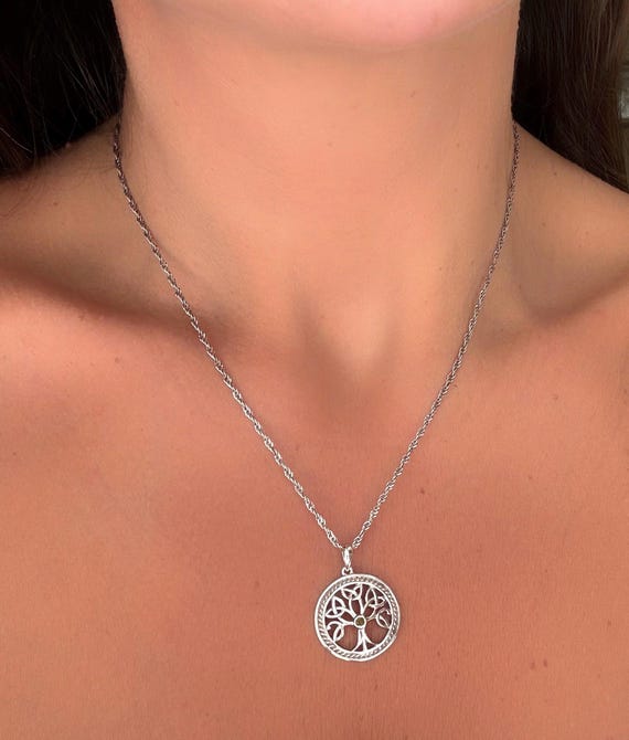 Sterling Silver Celtic Tree of Life Pendant Necklace, Peridot Stone, Irish Knot Detail