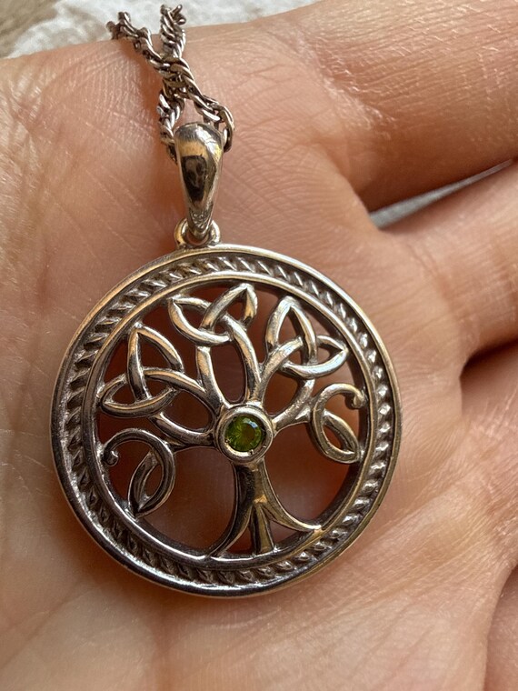 Sterling Silver Celtic Tree of Life Pendant Necklace, Peridot Stone, Irish Knot Detail View 2