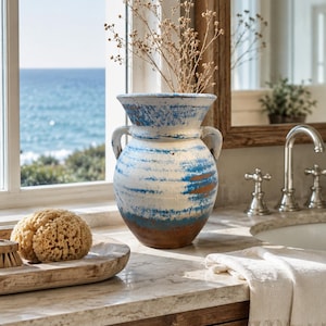 May include: A ceramic vase with two handles featuring a distressed finish in shades of white, blue, and terracotta brown. The vase has a wide, flared rim and a rounded body, containing a cluster of dried, thin-stemmed botanical branches.