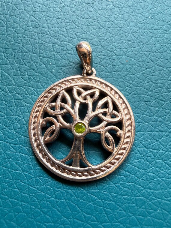 Sterling Silver Celtic Tree of Life Pendant Necklace, Peridot Stone, Irish Knot Detail View 3