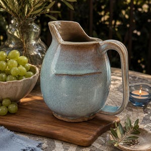 May include: A ceramic pitcher with a rounded body and a sturdy handle, featuring a glossy light blue glaze that transitions into a warm brown tone at the rim and base. The surface has a smooth, reflective finish with a subtle horizontal line detail.