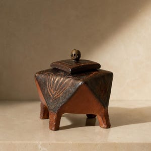 May include: A square, four-legged terracotta vessel with a dark, textured finish and carved floral motifs on the sides. It features a matching square lid topped with a small, spherical, open-work metal finial, creating a distinct, rustic appearance.