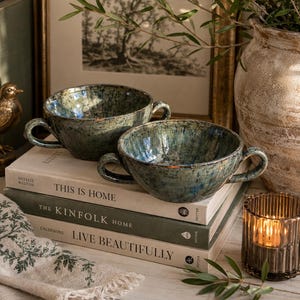 Vintage Studio Pottery Bowl Set of 2 | Green Drip Glaze Ceramic Bowls | Handmade Rustic Pottery