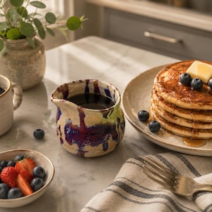 May include: A ceramic creamer with a speckled beige base and vertical streaks of deep purple and green glaze. The creamer is positioned next to a stack of pancakes topped with butter and blueberries, a small bowl of fruit, and a coffee mug.