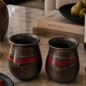 Vintage Mountain Arts Pottery Wine Cups, Charcoal Red River Glaze, Signed Stoneware Set
