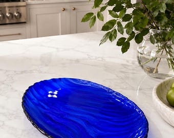Vintage IVV Italy Cobalt Blue Glass Platter, 13.5” Zebra Wave Textured Oval Serving Tray, Italian Art Glass