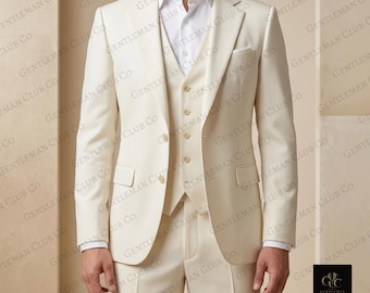 Men's Ivory 3-Piece Wedding Suit, Custom Tailored Blazer, Vest, Shirt, Trousers