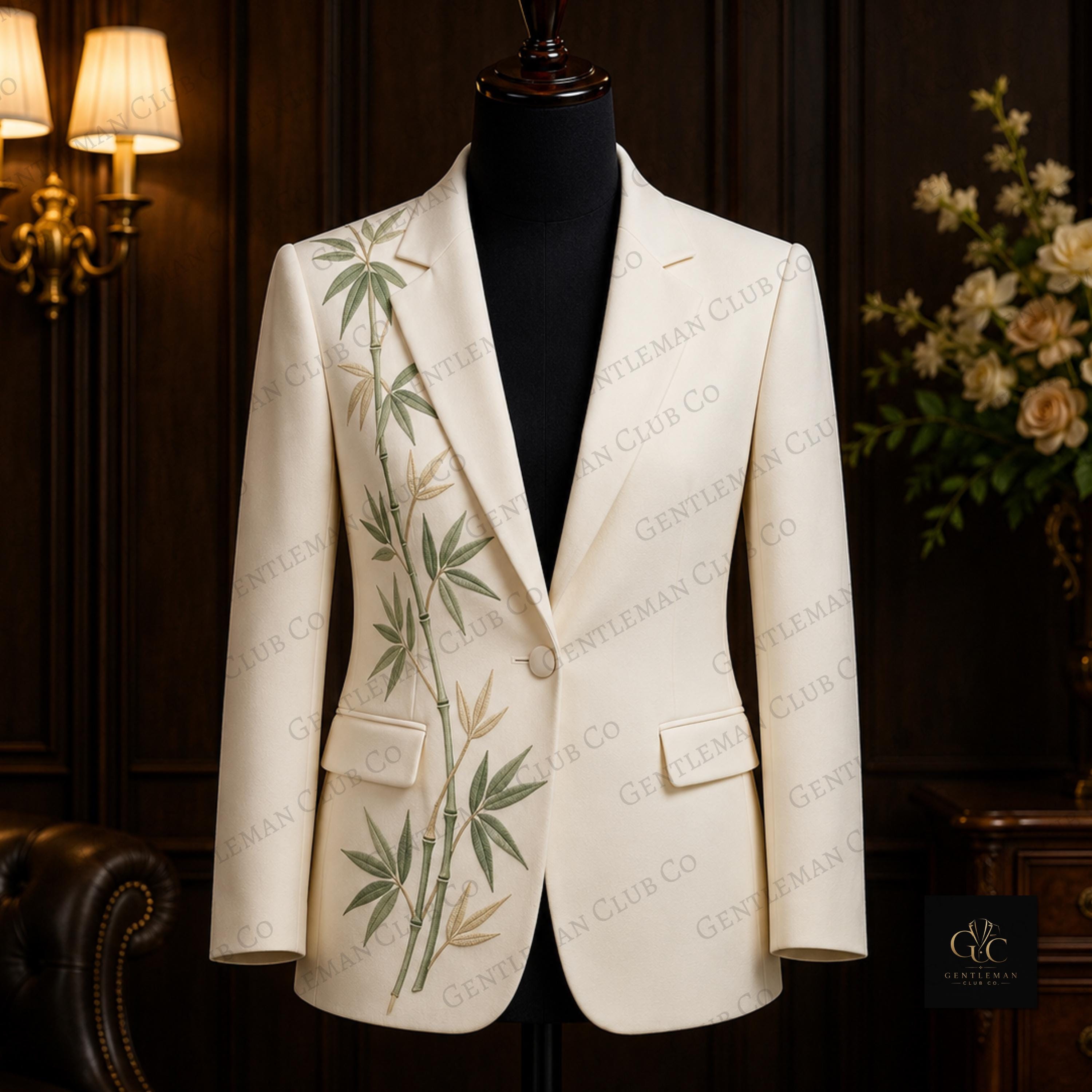 White Bamboo Embroidered Blazer, Custom Wedding Groom Attire, Luxury Botanical Tuxedo Jacket