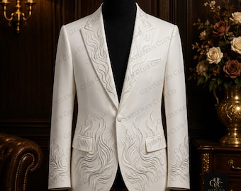 Ivory Flammen Applikation Hochzeitsblazer, Maßgeschneiderter weißer Hochzeitsblazer, Luxus Abendgarderobe Outfit