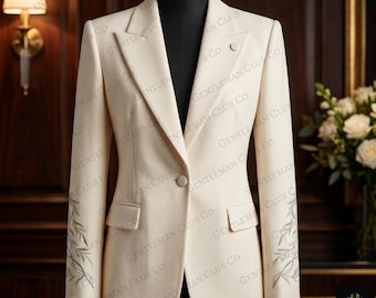 Ivory Minimal Blazer Men & Women, Wedding Unisex Embroidered Cuff Jacket, Cream Formal Suit Coat