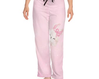 Pink Bunny Watercolor Pajama Pants | Floral Sleep Lounge Pants