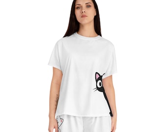 Conjunto de pijama con estampado de gato negro asomándose / Pantalones cortos de pijama divertidos para estar en casa
