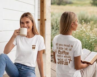 Camiseta cristiana para mujer con el diseño de Jesús y el café.