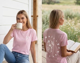 Camiseta cristiana para mujer con el lema "Ora, espera, confía".