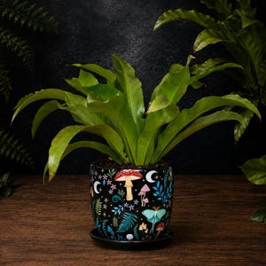 Pot de fleurs avec soucoupe à motif forêt | Décoration cottagecore, décoration champêtre, cadeau pour les amoureux des plantes