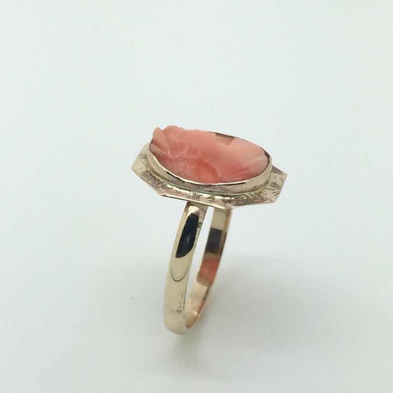 Coral Cameo Stick Pin Conversion Ring in 10K Yellow Gold