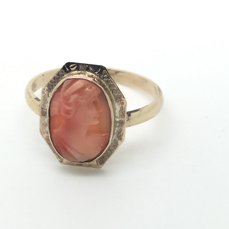 Coral Cameo Stick Pin Conversion Ring in 10K Yellow Gold