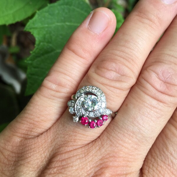 Vintage Art Deco Diamond and Ruby Cluster Engagement Ring - Retro 14Kt White Gold Ring