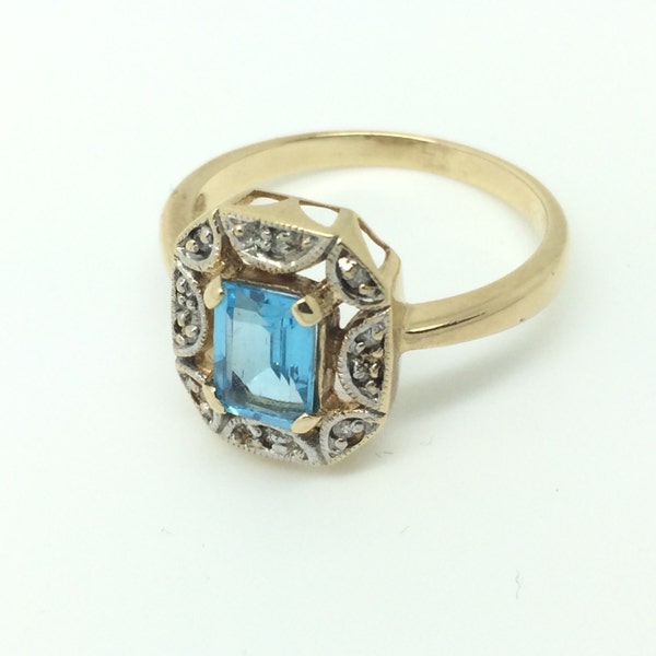 Hold for Mark - English Blue Topaz and Diamond Ring in 9 kt Yellow and White Gold - Do not purchase