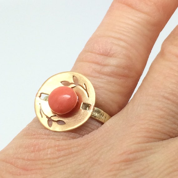 Coral Cameo Stick Pin Conversion Ring in 10K Yellow Gold
