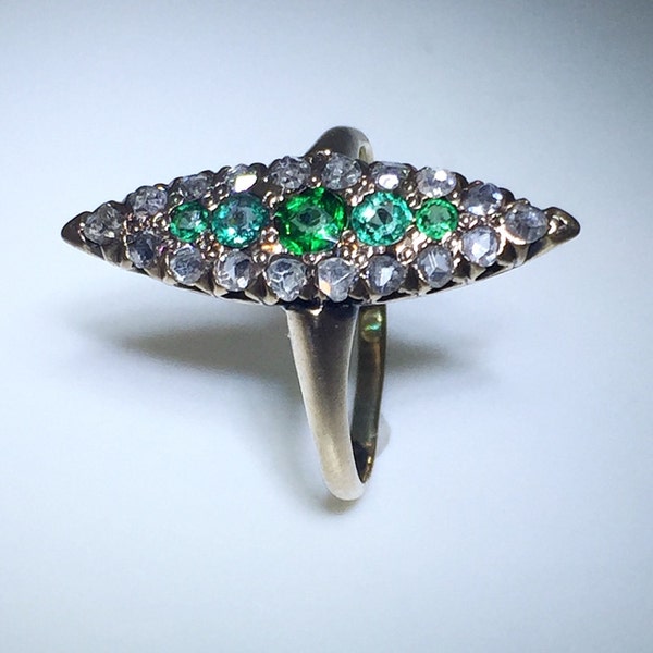 Victorian Emerald and Diamond Navette Ring in 10K Yellow Gold