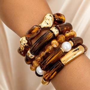 Brown & Gold Tone Stretch Bracelet Set, Acrylic Bead Bracelets, Boho Statement Stack, 5 Piece Bracelet Set, Fashion Jewelry Gift for Women