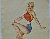 Varga July 1945, Red White and Blue Vintage Pin-up, Patriotic, July 4th, Blonde in Swimsuit, Vargas