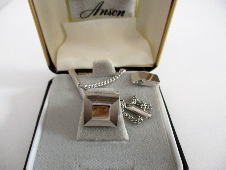 a Pair of Geometrical Silver Tone Tie Tacks Anson Tie Tacks with Chain Lot of 2 Vintage Anson Tie Tacks