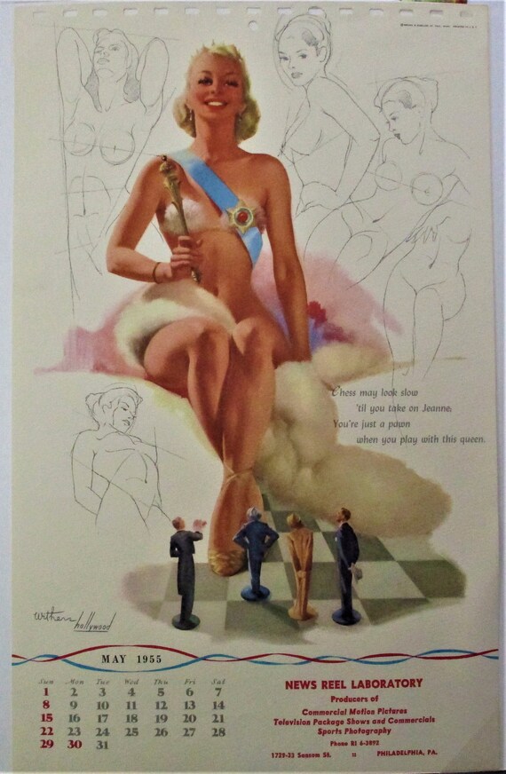 May 1955 Pin-up Page, Ted Withers Art, Stately Chess Queen Calendar Girl, Vintage Pinup, Petty Girl, Varga, News Reel Lab Philadelphia PA - Etsy Israel